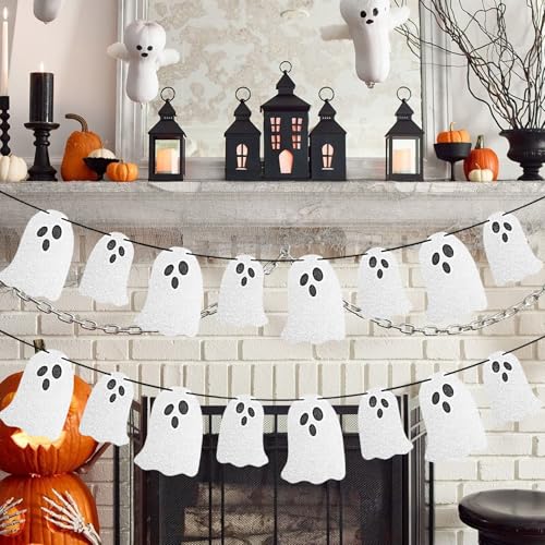 Halloween Ghost Banner Set - 2 Pcs Indoor Spooky Hanging Bunting with Glitter Ghosts - Pkg of 2