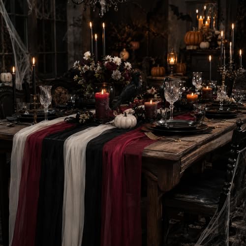 Outdoor Wedding Table Runner Set - Red Black White 6 Pack, 12x118 Inches
