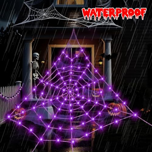 Purple Halloween Spider Web Decorations - 16.4 Ft Giant Yard Web with Lights