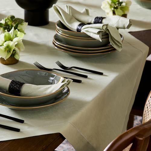 Pure Linen Table Cloth - Sage Green, 52 x 52 Inches, Classic Hemstitch