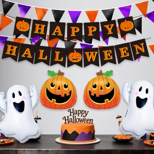Halloween Banner with Ghost and Pumpkin Balloons - Party Decorations