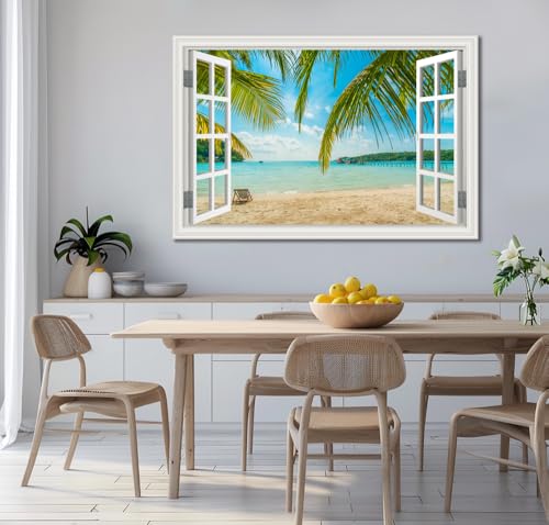 Large Tropical Beach Ocean Canvas Wall Art - Blue Seascape, Ready to Hang, 32x48 Inches, Coastal Living Room Decor - Variation: Palm Tree Style