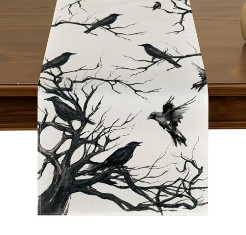 Halloween Table Runner 13x72 Inch Black White Silhouette - Style B