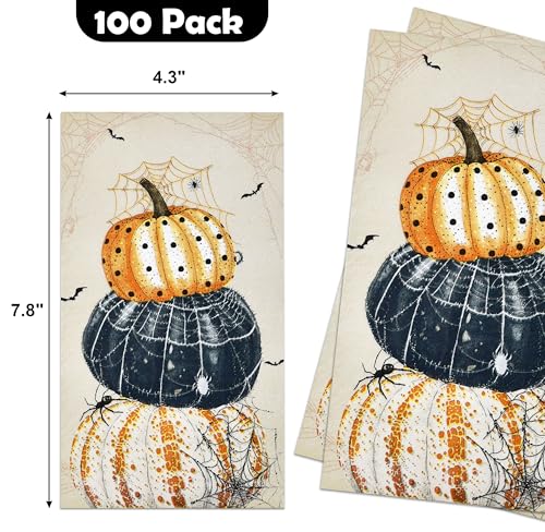 Halloween Guest Napkins Set - 100 Assorted Pumpkin, Bat & Web Designs, Disposable Party Tableware