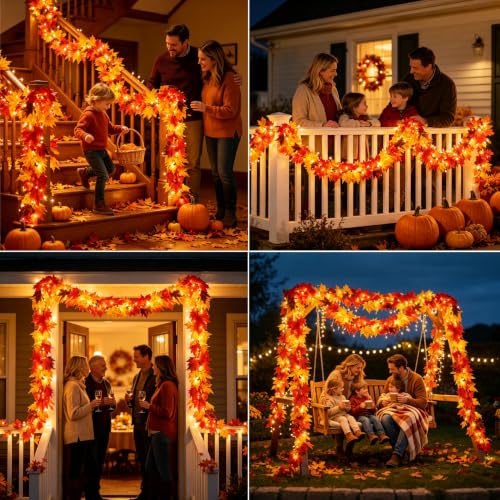 9FT Fall Garland with Lights - Large Maple Leaves, Connectable, Indoor Outdoor Decor - Variation 2