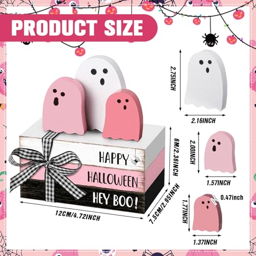 Pink Ghost Halloween Table Decor Set - 3 Wooden Signs & 3 Decorative Books - Pastel Pink Holiday Accent with 'Happy Halloween' Phrase