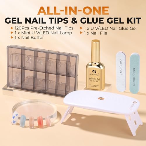 UNA GELLA Medium Square Gel Nail Tips Kit - 120Pcs Nail Tips with Glue & UV/LED Lamp