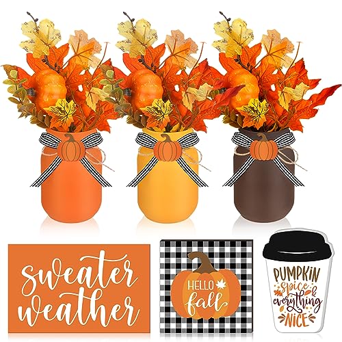 Fall Mason Jar Centerpieces with Pumpkin Leaf Wooden Sign - Rustic Home Decor