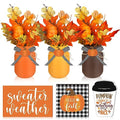 Fall Mason Jar Centerpieces with Pumpkin Leaf Wooden Sign - Rustic Home Decor