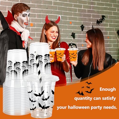 Halloween Plastic Cups with Lids & Straws - Black Bat Design, 12Oz, 50 Pack