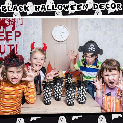 Halloween Ghost Cups Set with Straws & Lids - Black 24 oz, 12 Pack