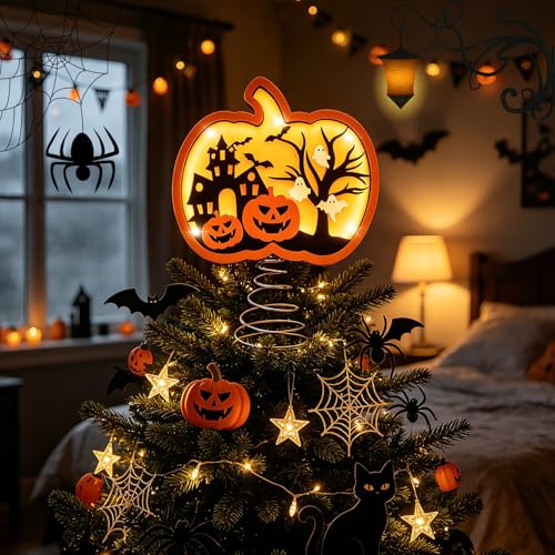 Halloween Pumpkin Tree Topper 9 Inch Shadow Box with LED Ghost & Pumpkin Lights