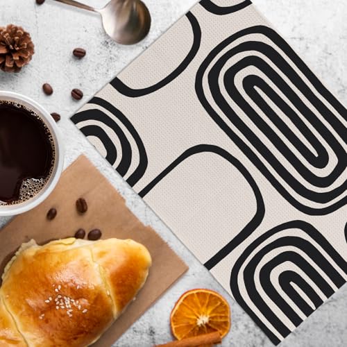 Mid Century Modern Boho Abstract Kitchen Towels & Dishcloths Set of 2 - Black Beige