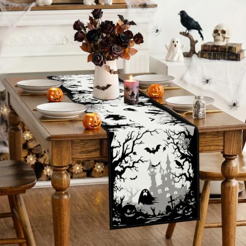 Artscope Halloween Haunted House & Ghost Table Runner 13x48 Inch - Spooky Fall Kitchen Decor