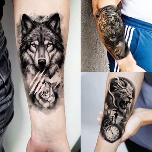 Temporary Tattoos Set with Lion Design - 74 Waterproof Sheets for Men, Women & Kids - Easy Removable Body Art