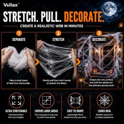 Vellax Halloween Spider Web Decorations with 20 Spiders - 200g Stretchable Cobweb for Indoor & Outdoor Use