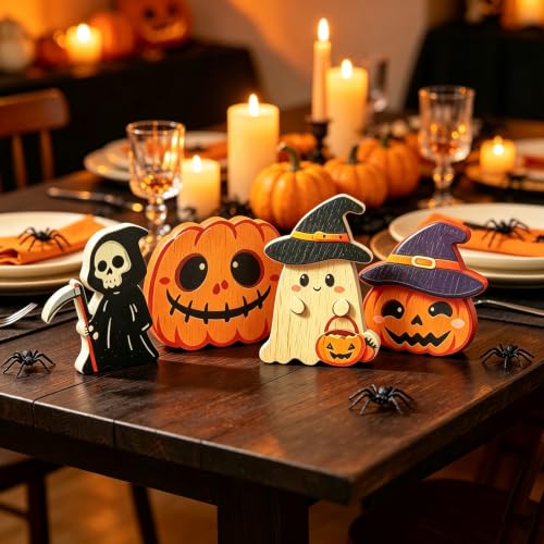 Halloween Wooden Decorations Set - Ghost Pumpkin Witch - 4 pcs, Indoor Festive Decor - Pumpkin Variation