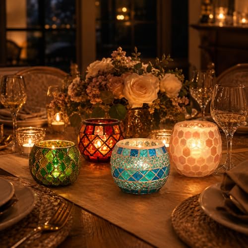Multicolor Candle Holder Tea Light Votive Decor - 4 Pack Small Campfire Style with Mosaic Design