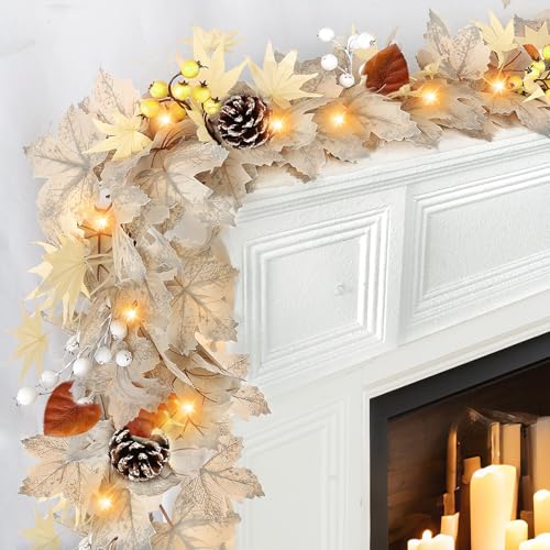 Fall Maple Leaves Garland with Timer Lights - 6FT Thanksgiving Decor