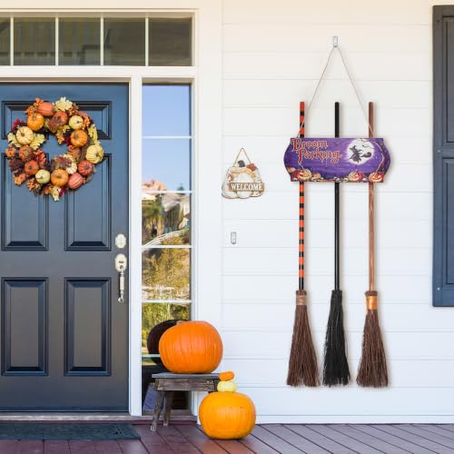 Halloween Wall Decor Broom Parking Sign with 3 Witch Brooms - Spooky Outdoor Indoor Halloween Decoration
