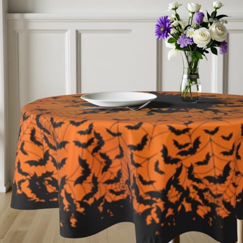 Halloween Bat Round Tablecloth 60 Inch Orange Black Spooky Spatter Design - Washable & Reusable