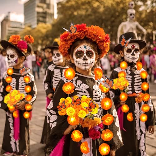 Day of The Dead Decorations Set with Marigold Garland Lights and Artificial Flowers