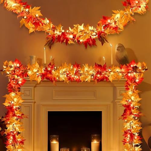 2Pack Fall Garland with Lights 9Ft Lush Leaves Connectable Outdoor Indoor Decor