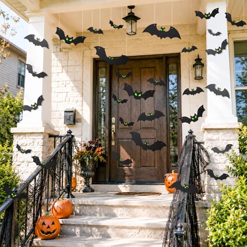 Halloween Bat Decorations Set with Glowing Eyes - 18 Pcs, Indoor Outdoor