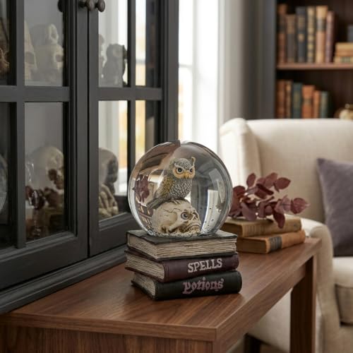 Halloween Snow Globe Owl Skull Decor - Gothic Resin Water Globe on Spell Book Base