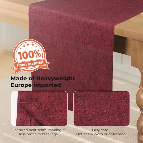 Red Linen Table Runner 14 x 108 Inch - Garnet - Farmhouse Style Washable Decor