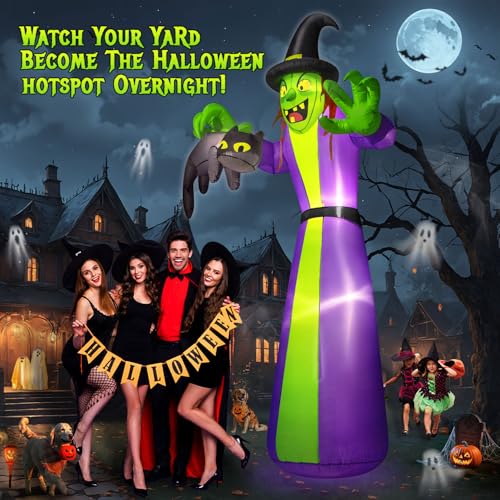 Giant Halloween Inflatable Witch with Black Cat - 12FT Outdoor Yard Decor with LEDs & Blower