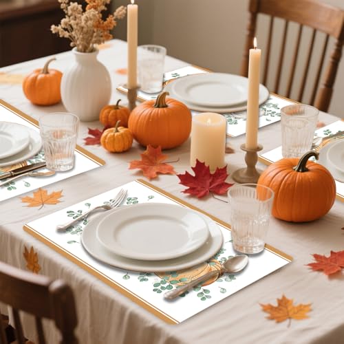 Fall Vinyl Placemats Set of 6 - Orange Pumpkin Autumn Table Decor