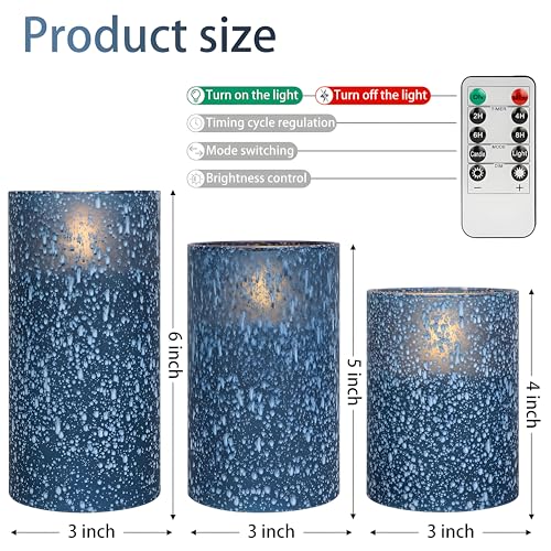 Raindrops Blue Flameless Candles with Remote Control - Real Wax Glass Battery Operated Set