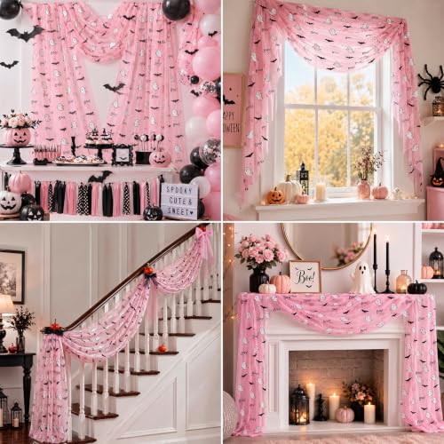 Ghost Pink Halloween Table Runners 29x70 in - Set of 4 with Ghosts & Bats - Variation: Ghost