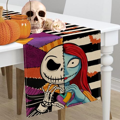 Halloween Table Runner 13x90 Inches Jack Bat Black White Stripes Patch - Seasonal Kitchen Decor