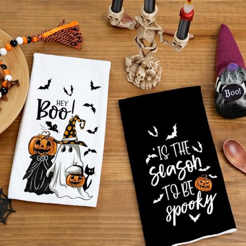 Halloween Kitchen Towels Set of 2 Ghost and Pumpkin Decor - Microfiber Farmhouse Style