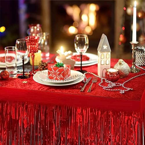 Red Metallic Foil Fringe Table Skirts 9 Feet x 29.5 Inches - 6 Pack