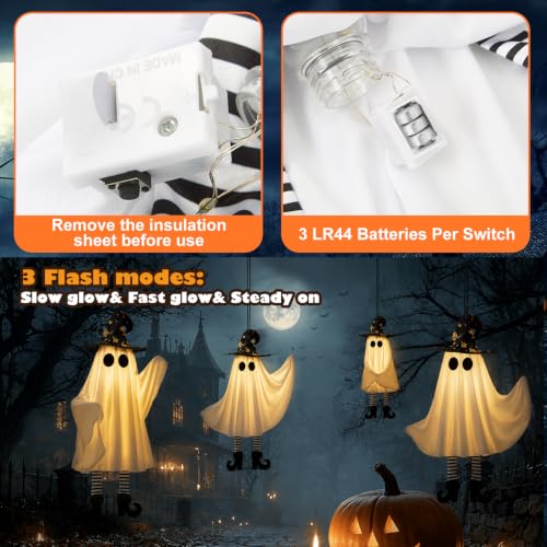 White Hanging Ghost Decor Set with Lights - 20x6 in, 4 pcs, Battery-Operated, Adjustable Swings for Halloween Yard & Indoor