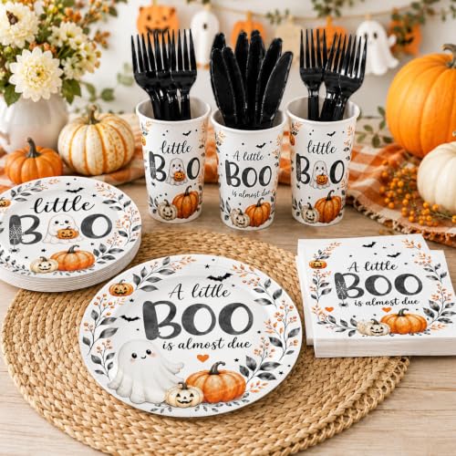 Halloween Baby Shower Tableware Set - 24 Plates Cups Napkins Cutlery