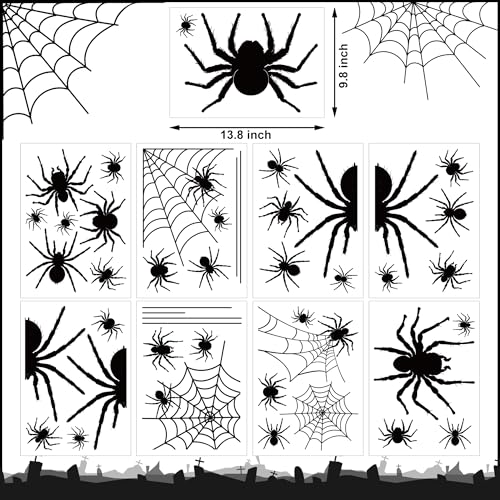 Halloween Window Clings Set - 9 Large Black Spider Web Silhouette Decals