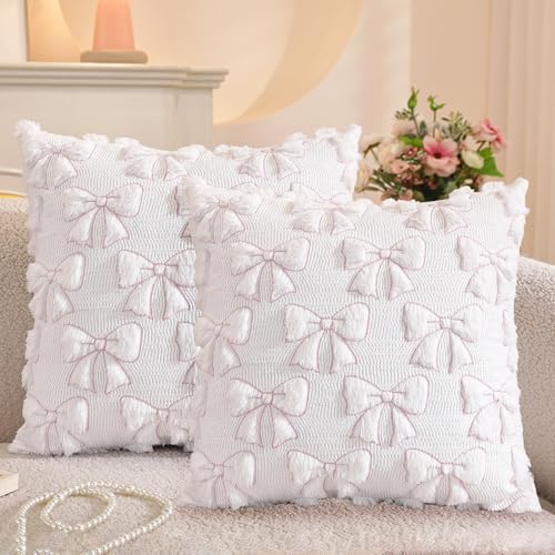 Pink Bow Throw Pillow Covers Set of 2 - 18x18 Inches Faux Fur Cushion Cases