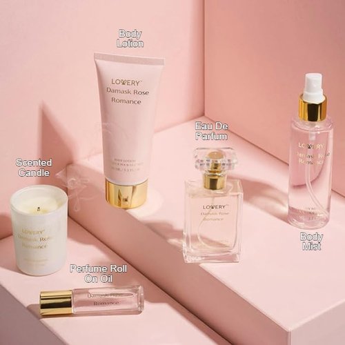 Damask Rose Romance Spa Kit - Luxurious Self-Care Gift Set for Women | Includes Candle, Perfume & Body Lotion