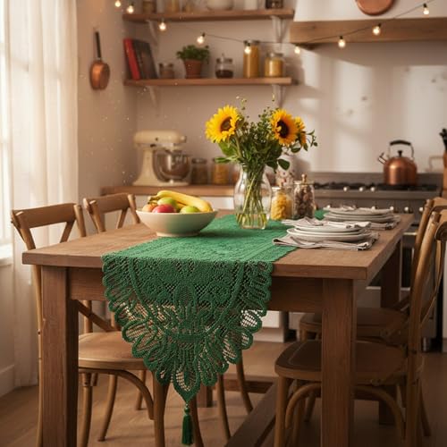 Green Lace Table Runner for Christmas Party Coffee Decor - 13x35 Inches