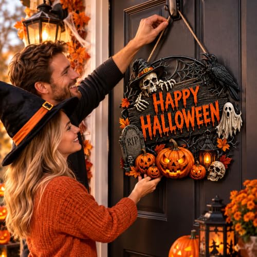 Happy 40 Halloween Door Sign Wooden Decoration - Distressed Rustic Style