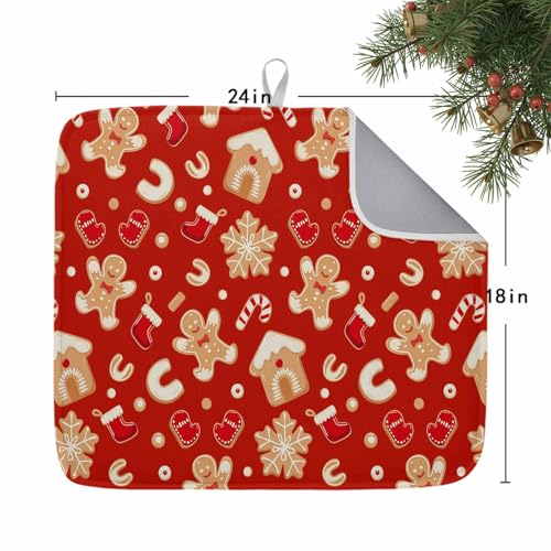 Christmas Gingerbread Man Dish Drying Mat - Absorbent Microfiber, 24 x 18 Inches, Red Snowflake Design - Holiday Kitchen Decor