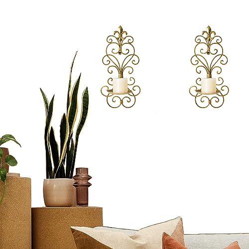 Antique Gold Wall Sconce Candle Holder Set of 2 - Metal Hanging Wall Decor for Living & Dining