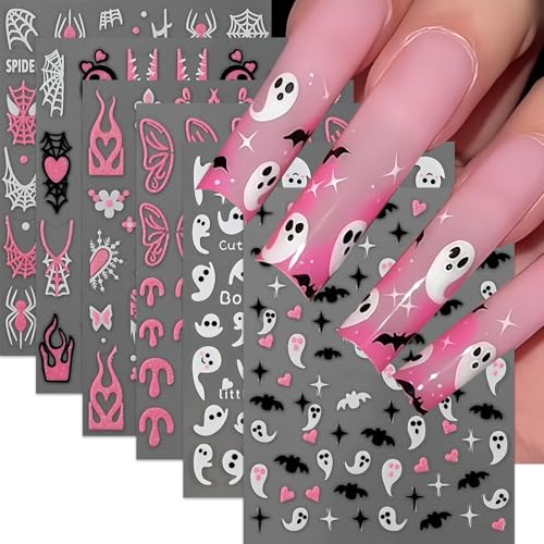 Halloween Nail Stickers - 3D Ghost Spider Web Bats Heart Decals, Spooky Nail Art, Spider Web Variation
