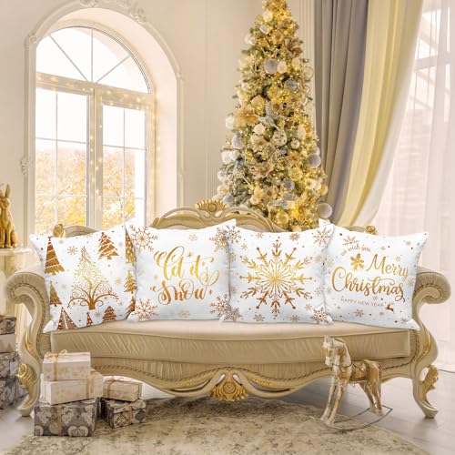 Gold and White Bronzing Christmas Throw Pillow Covers Set of 4 22x22 Inches - Holiday Cushion Cases for Home Decor