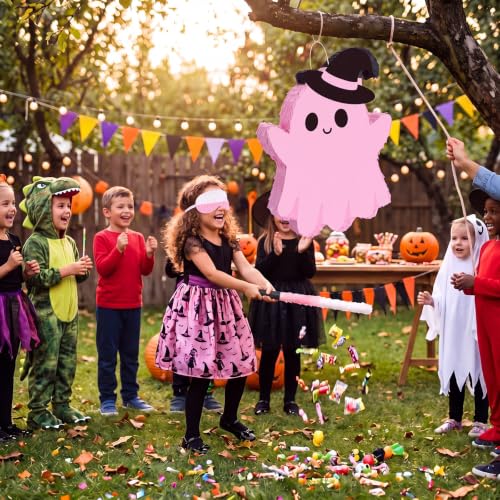 Lovely Pink Ghost Piñata Halloween Party Decoration with Bat Stick & Blindfold - Halloween Piñata Set