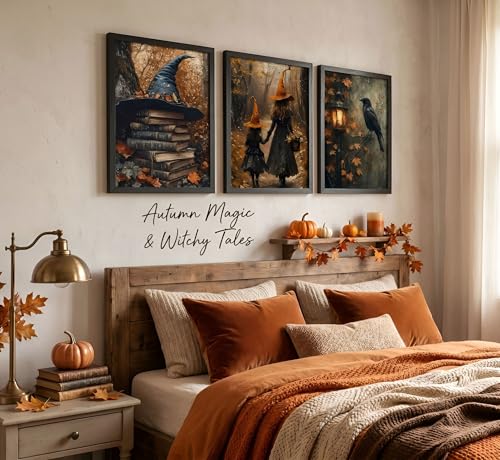 Halloween Canvas Wall Art 3-Piece Set - Framed Autumn Gothic Witch Crow Books - 24x16 Inches